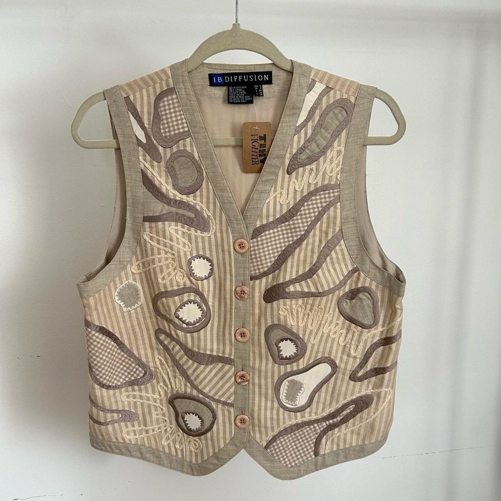 90s patchwork abstract embroidery linen vest